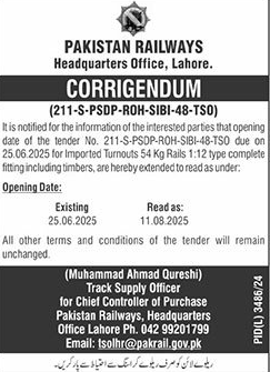 Pakistan Railways Lahore Tender Notice